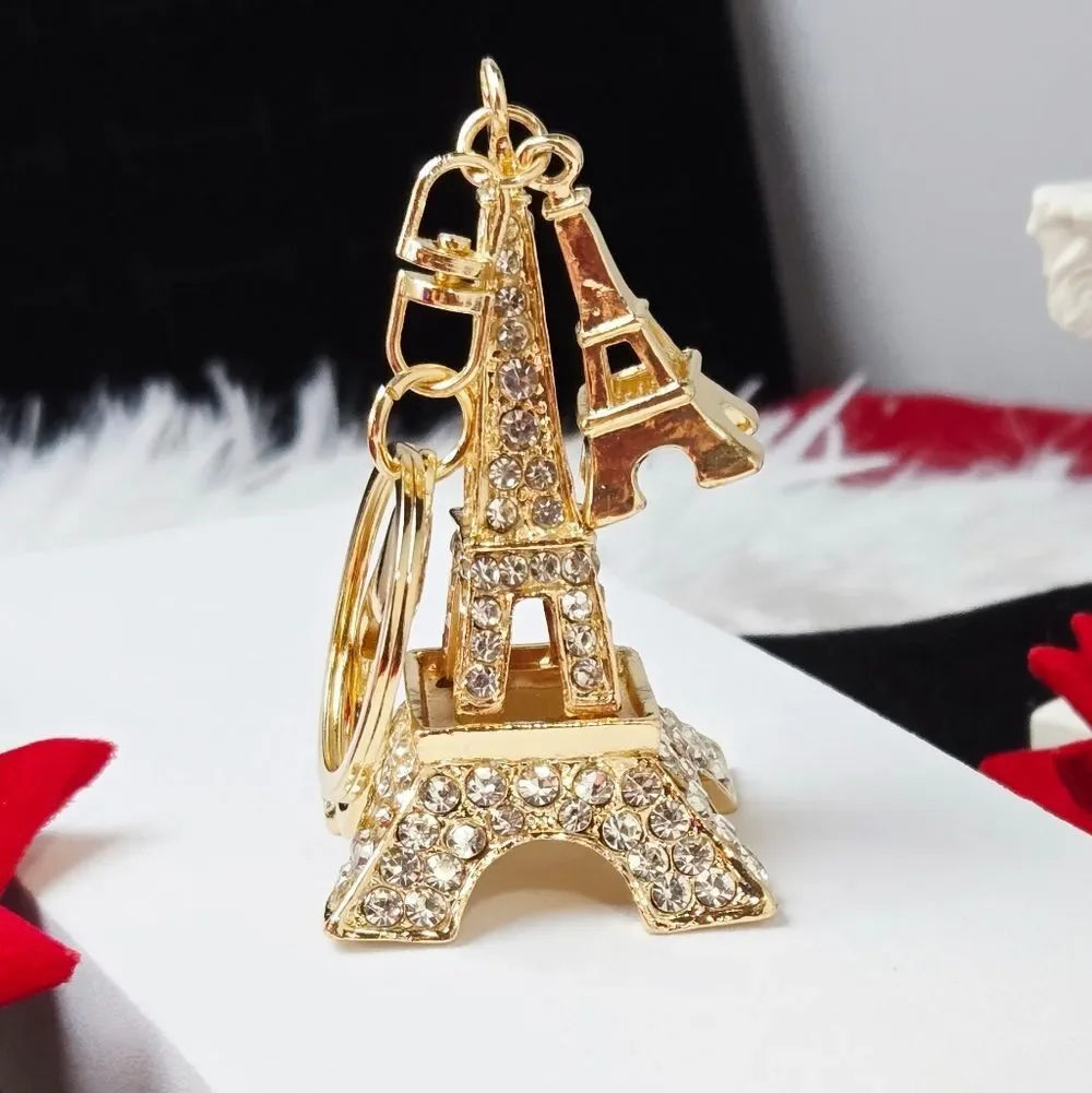 Gold Rhinestone Eiffel Tower Keychain Paris Charm Statement Bag Clip Accessory